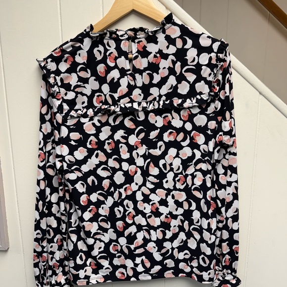 Karl Lagerfeld Black Ruffle Long Sleeve Pink and White Patterned Blouse Size Med - Picture 6 of 6